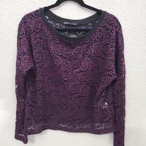 Harlowe & Graham Purple Lace Long-Sleeve Top Size M  Black Lining Floral Pattern